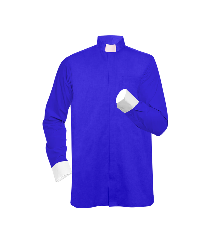 Blue Long-Sleeve Tab Collar Clergy Shirt- Hidden button placket