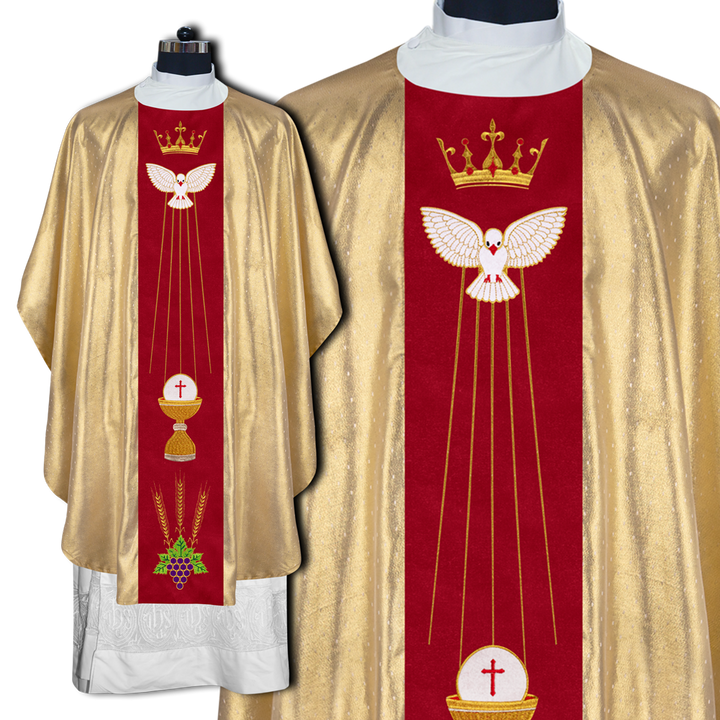 Intricate Gothic Chasuble Highlighting Crown, Holy Spirit and Grapes