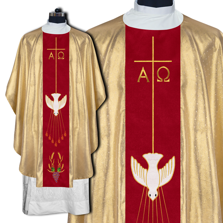 Gothic chasuble featuring PAX and Holy Spirit Motifs