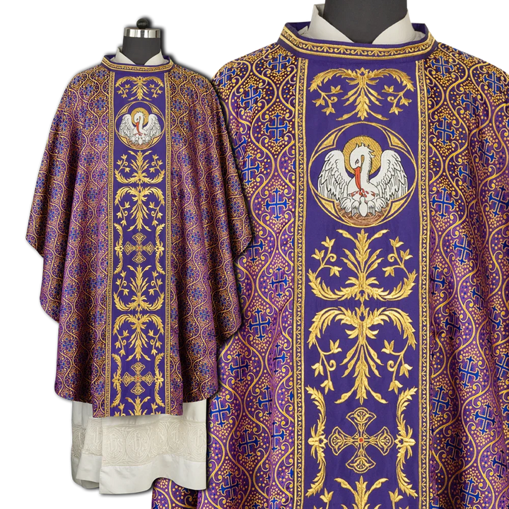Gothic Chasuble with Ornate Pelican and Cross Embroidery