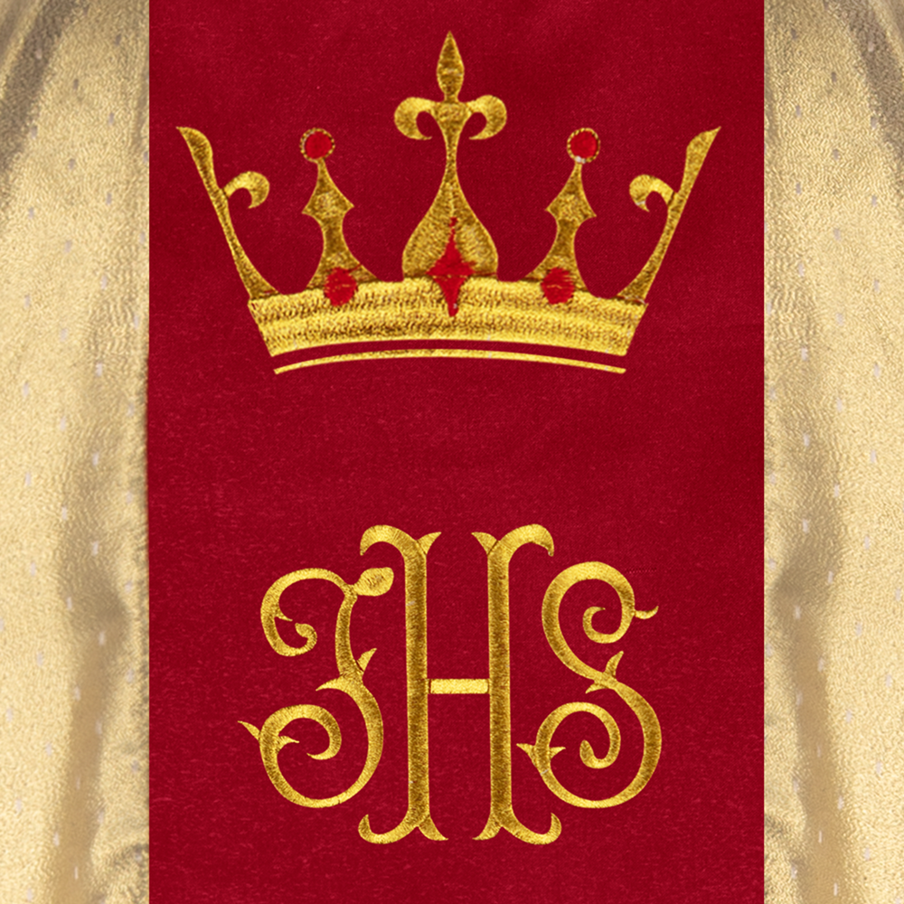 Elegant Gothic Chasuble Adorned with IHS, Crown, and Lilies