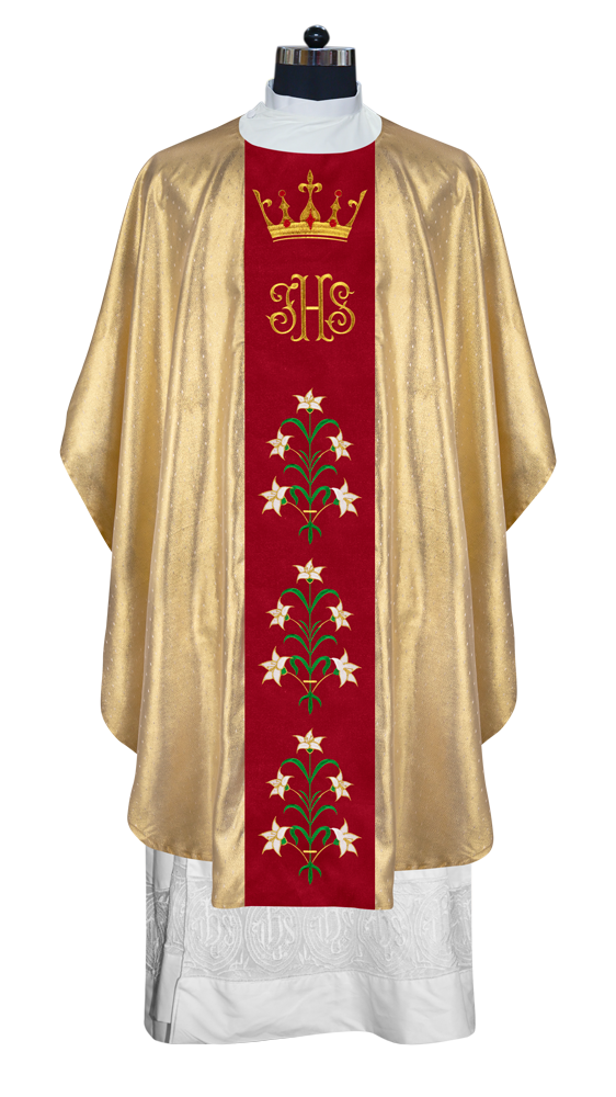 Elegant Gothic Chasuble Adorned with IHS, Crown, and Lilies