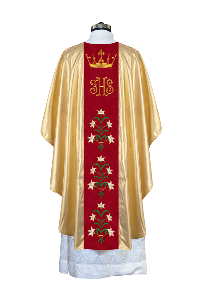 Elegant Gothic Chasuble Adorned with IHS, Crown, and Lilies
