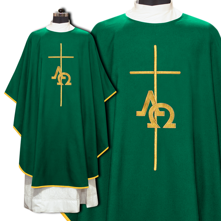 Gothic Chasuble Enhanced with Alpha and Omega with Cross Motif