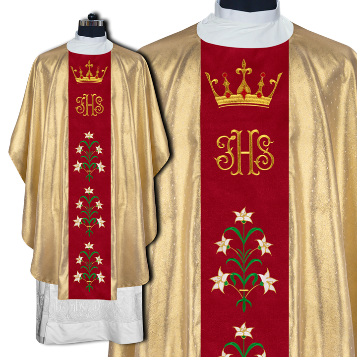 Elegant Gothic Chasuble Adorned with IHS, Crown, and Lilies