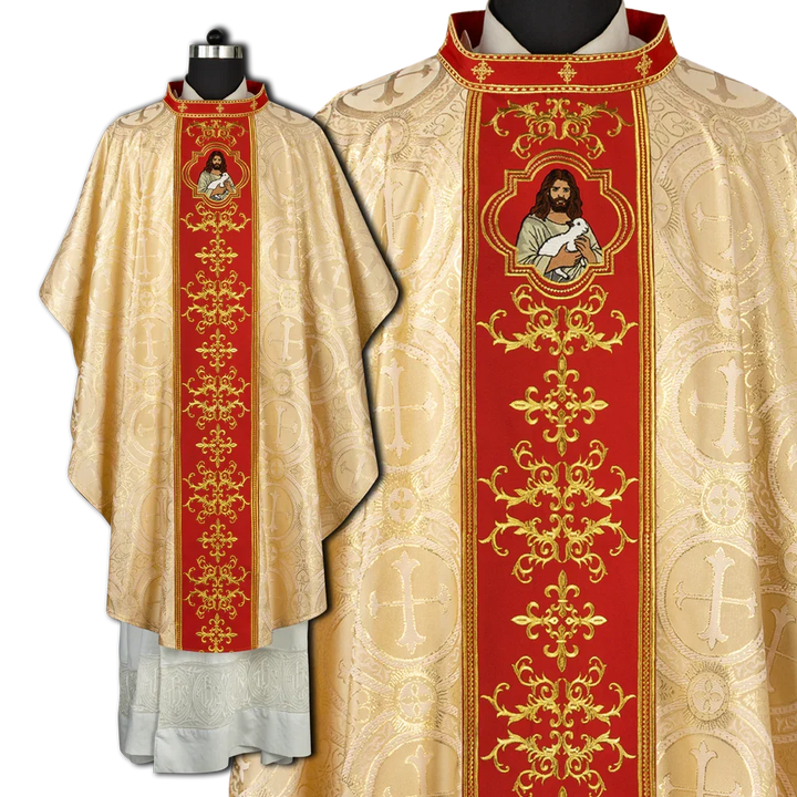 Liturgical Chasuble with Intricate Embroidery of Jesus and the Lamb