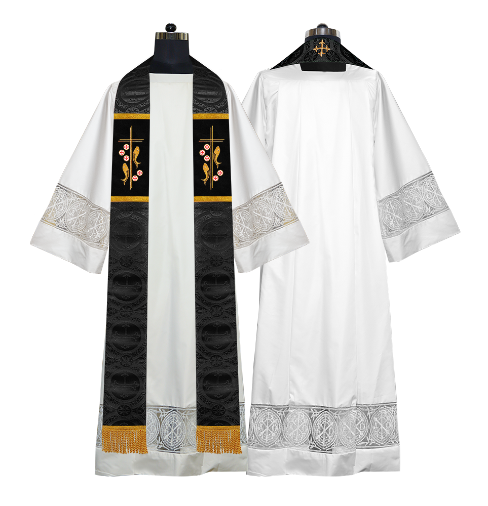 Catholic Priest Embroidered Clergy Stole with Fish and Spiritual Cross