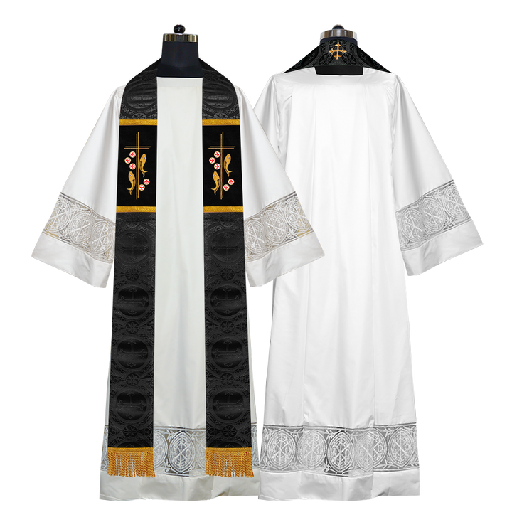 Catholic Priest Embroidered Clergy Stole with Fish and Spiritual Cross