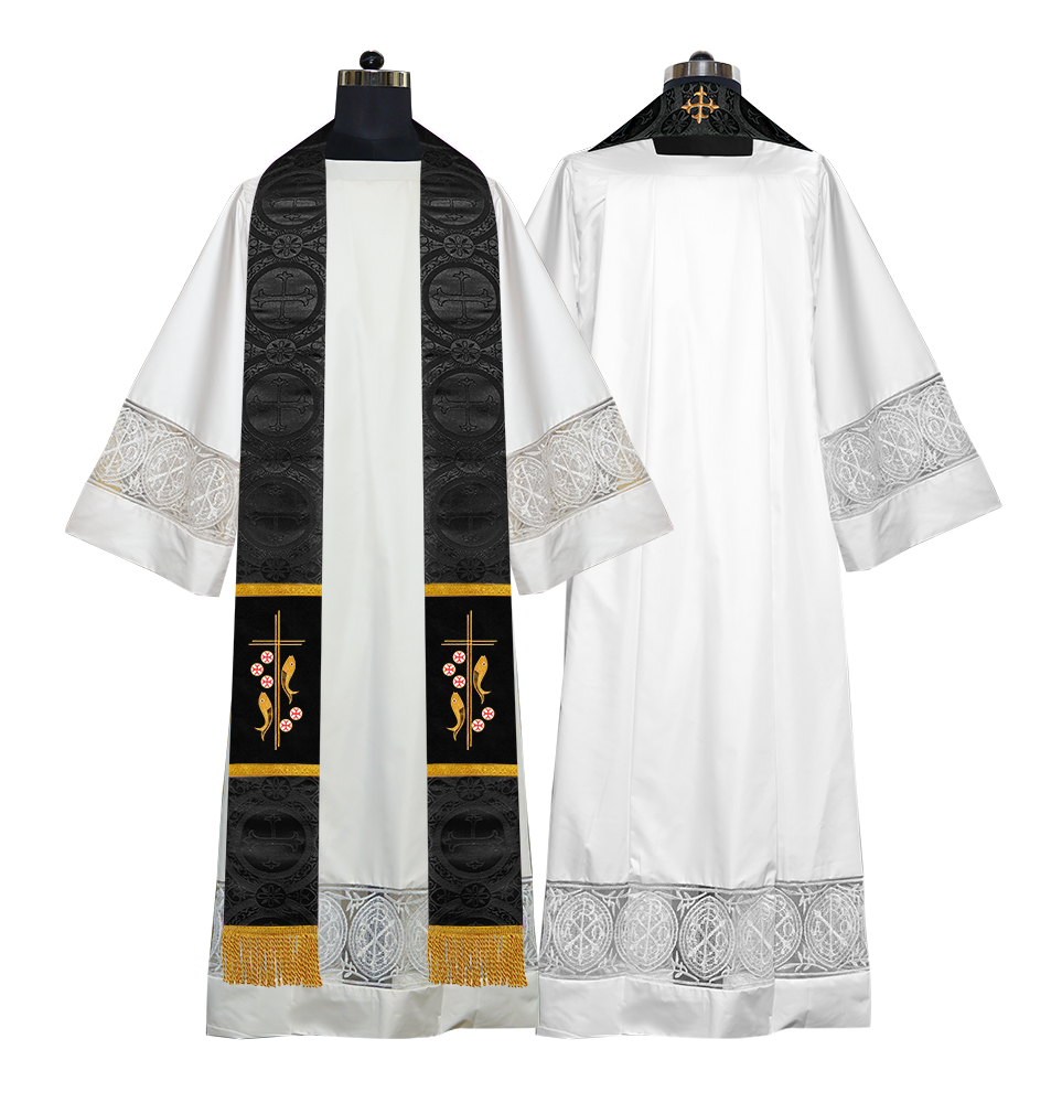 Catholic Priest Embroidered Clergy Stole with Fish and Spiritual Cross