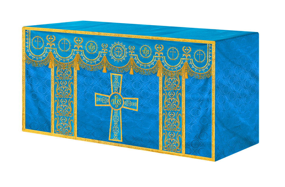 Traditional Altar Table Cloth with Ornate Motif and Embroidered Trims