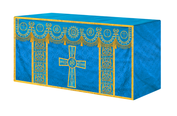 Traditional Altar Table Cloth with Ornate Motif and Embroidered Trims