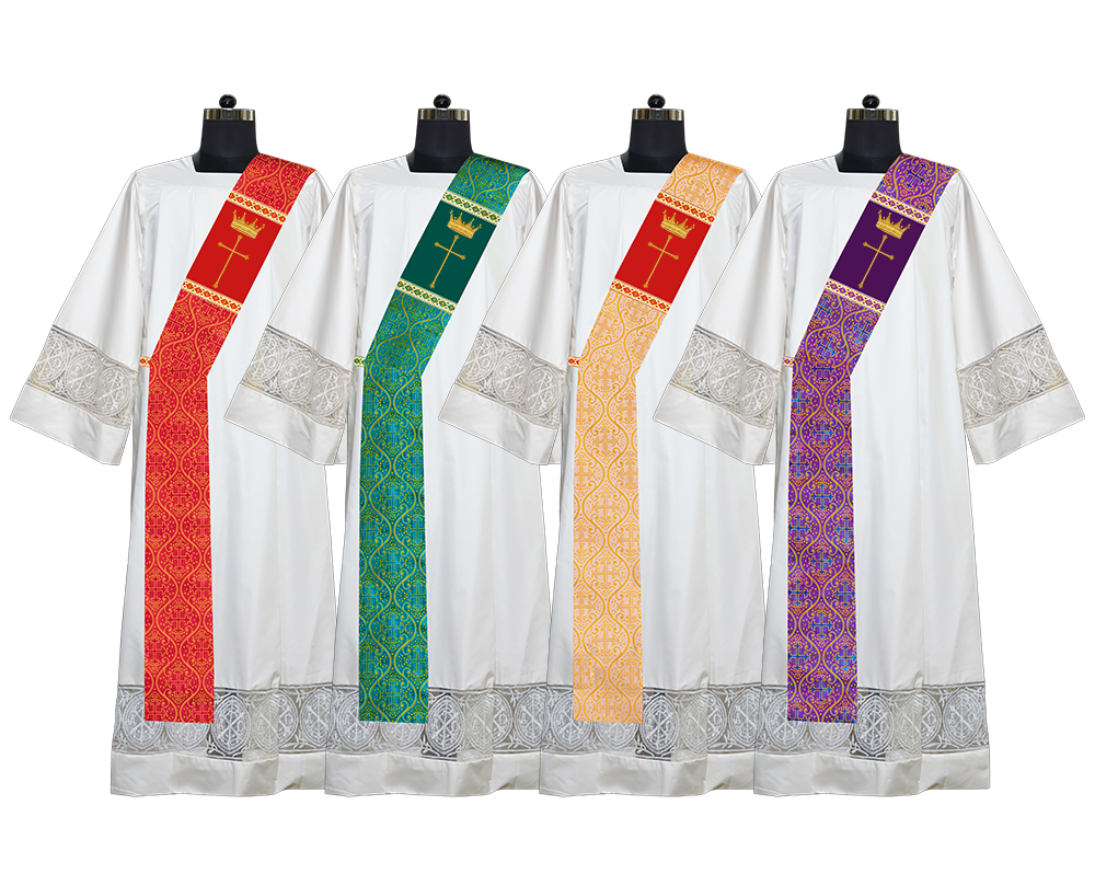 Set of 4 Deacon Stoles with Embroidered Motifs and Complementary Lace Trims