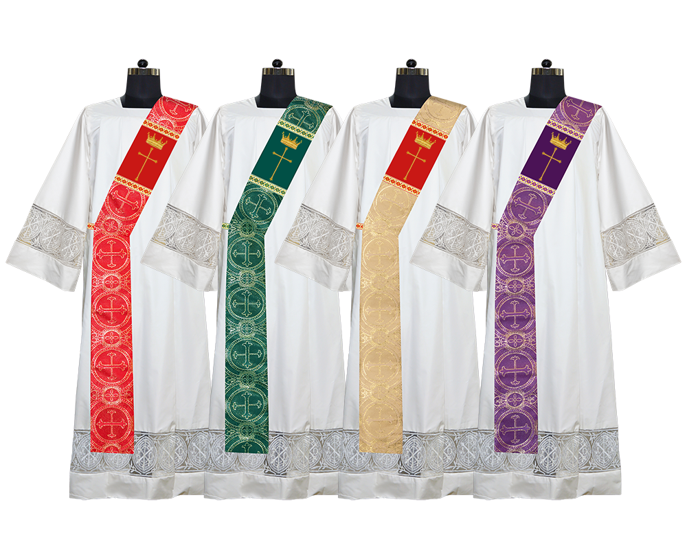 Set of 4 Deacon Stoles with Embroidered Motifs and Complementary Lace Trims