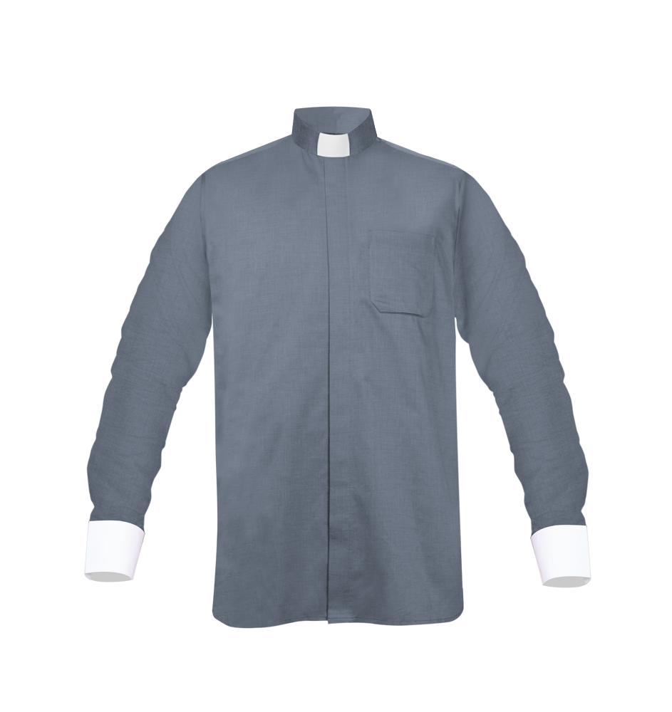 Grey Long-Sleeve Tab Collar Clergy Shirt- Hidden button placket
