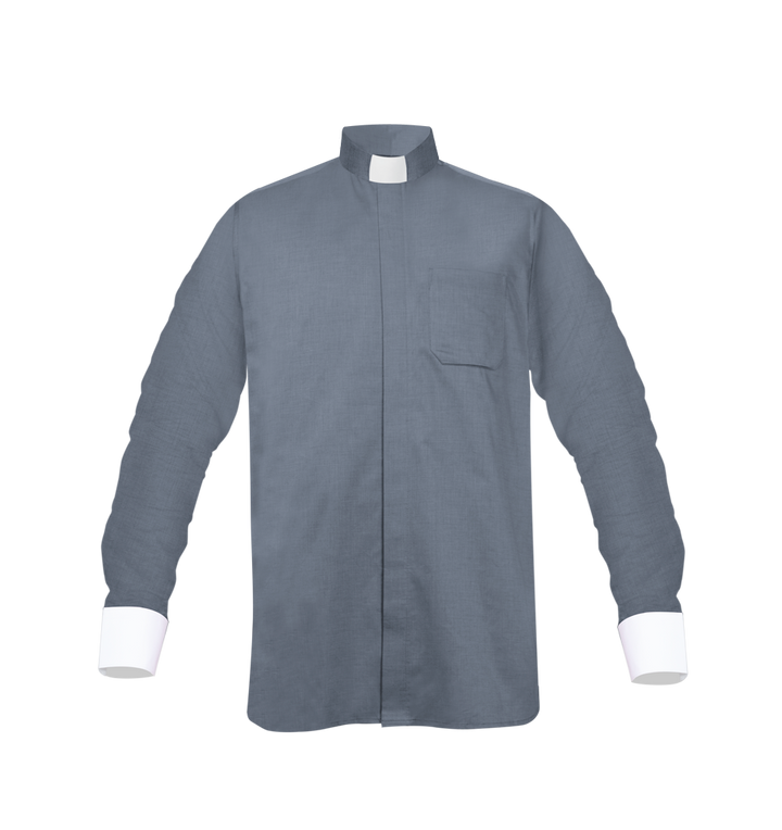 Grey Long-Sleeve Tab Collar Clergy Shirt- Hidden button placket