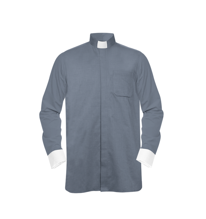 Grey Long-Sleeve Tab Collar Clergy Shirt- Hidden button placket