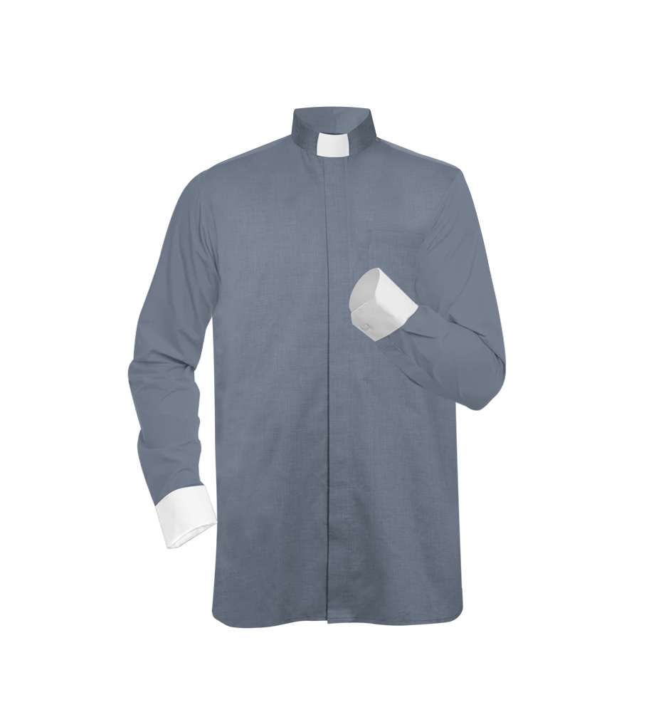 Grey Long-Sleeve Tab Collar Clergy Shirt- Hidden button placket