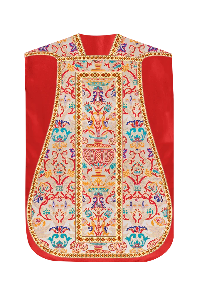 Chasuble Fiddleback Rouge Romain Avec Broderie Saint-Esprit - Ensemble De Messe Neuf