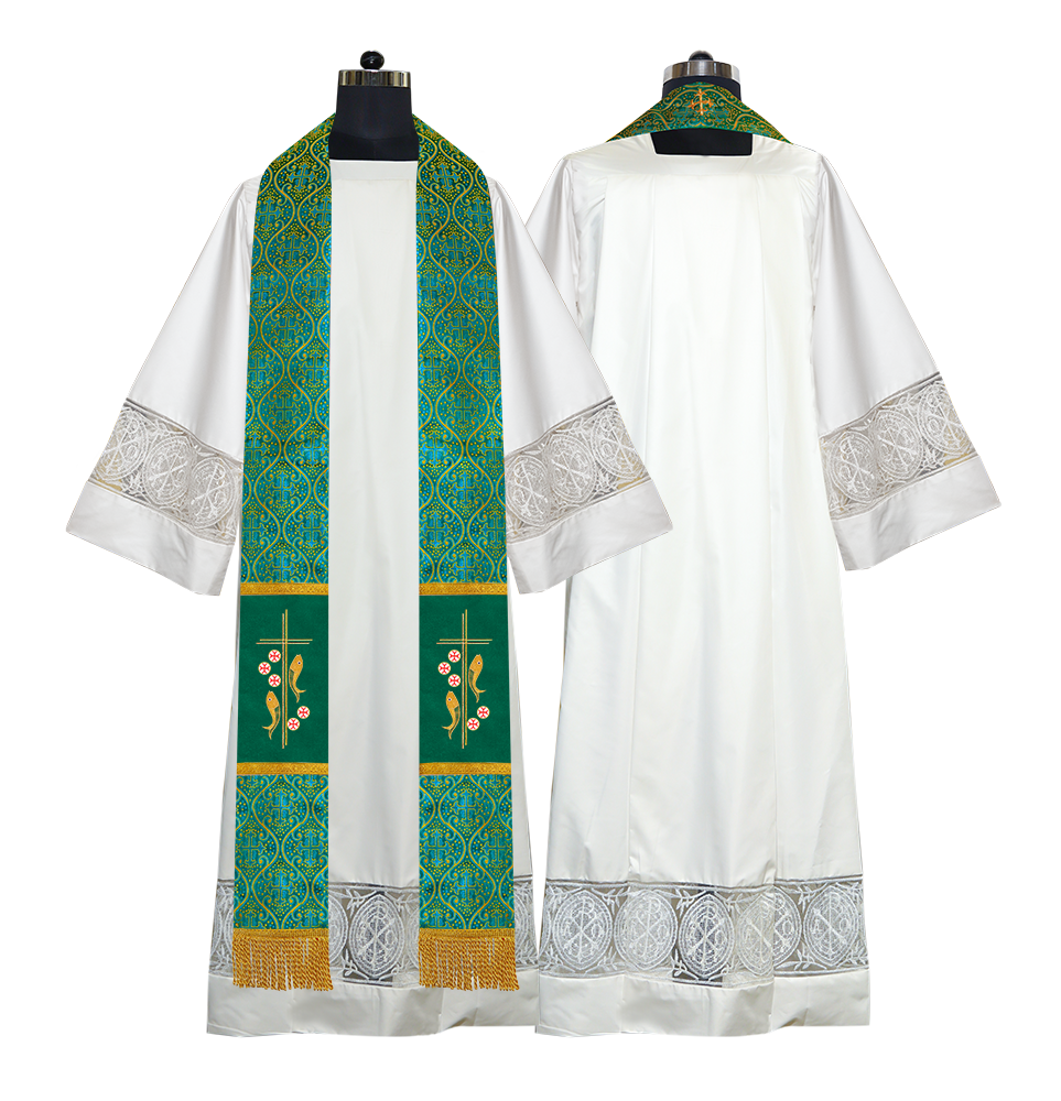 Catholic Priest Embroidered Clergy Stole with Fish and Spiritual Cross