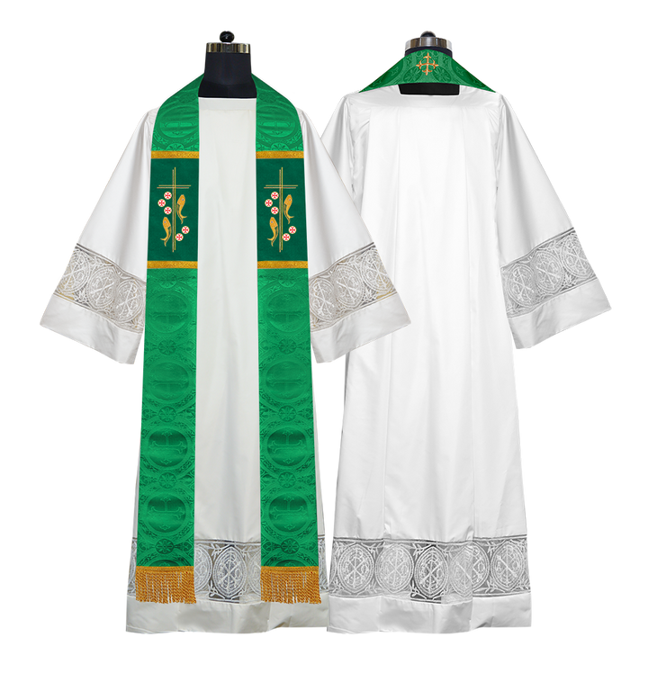 Catholic Priest Embroidered Clergy Stole with Fish and Spiritual Cross