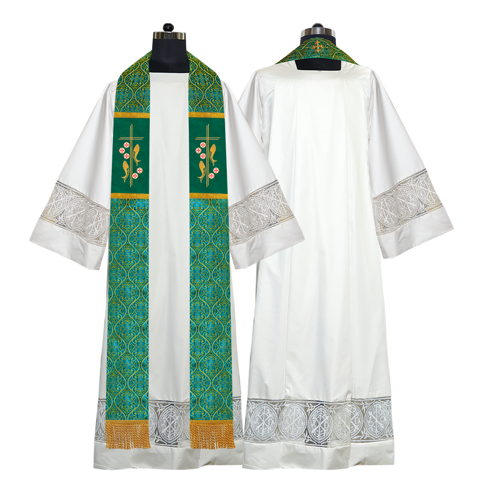 Catholic Priest Embroidered Clergy Stole with Fish and Spiritual Cross