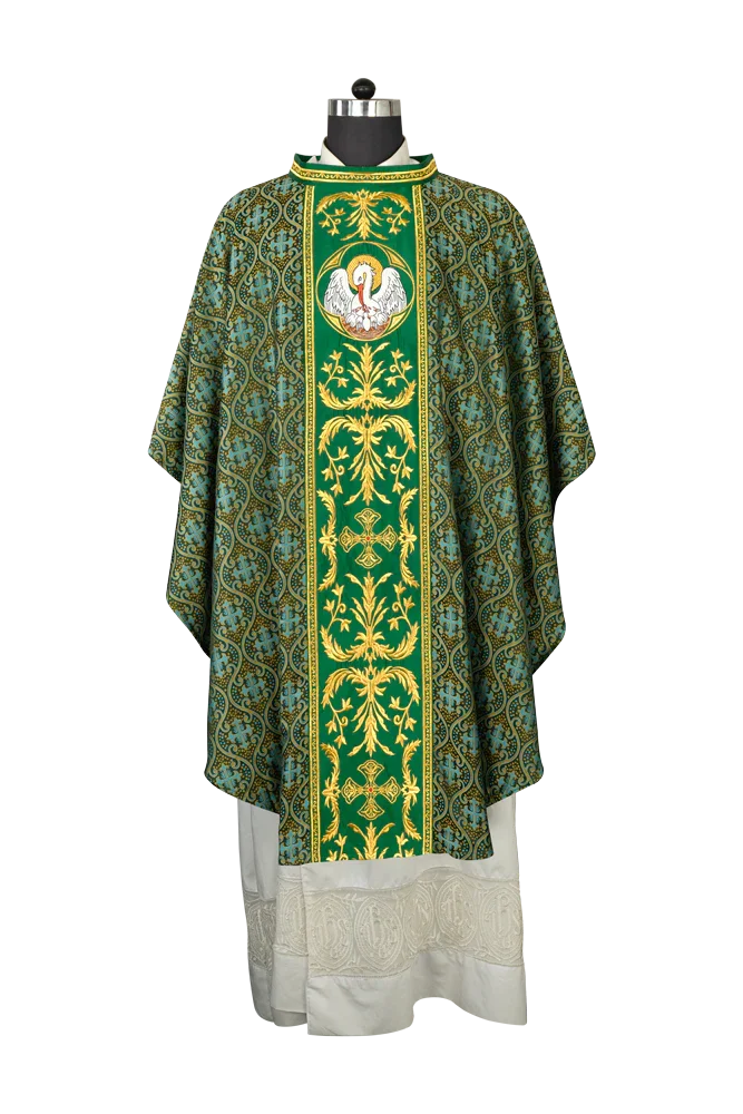 Gothic Chasuble with Ornate Pelican and Cross Embroidery