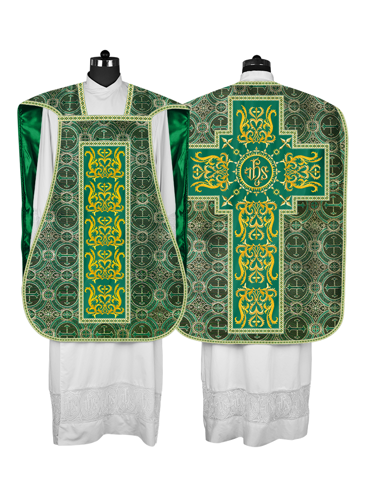 Liturgical Roman Chasuble Vestment With Spiritual Motifs and Trims