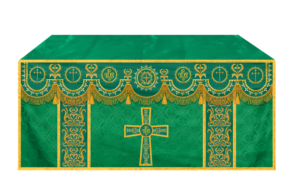 Traditional Altar Table Cloth with Ornate Motif and Embroidered Trims