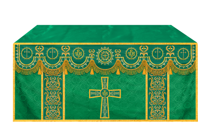 Traditional Altar Table Cloth with Ornate Motif and Embroidered Trims