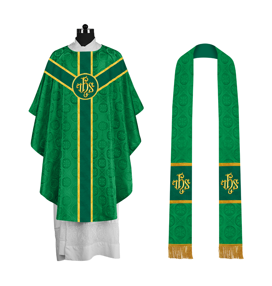 Liturgical Gothic Chasuble with Embroidered Motif and Plain Orphrey