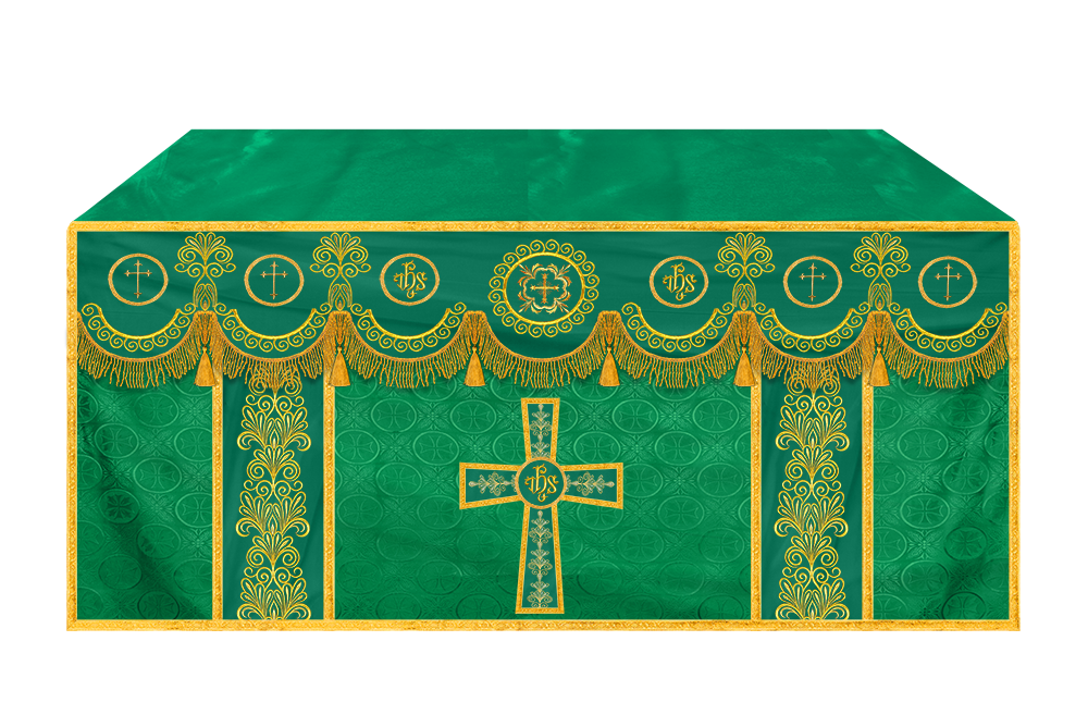 Traditional Altar Cloth Adorned with Embroidered Trims and Motif