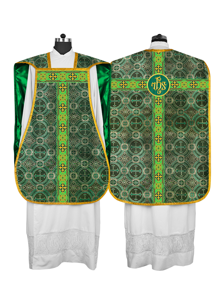 Vestidura romana con espalda de violín, motivos y ribetes trenzados 