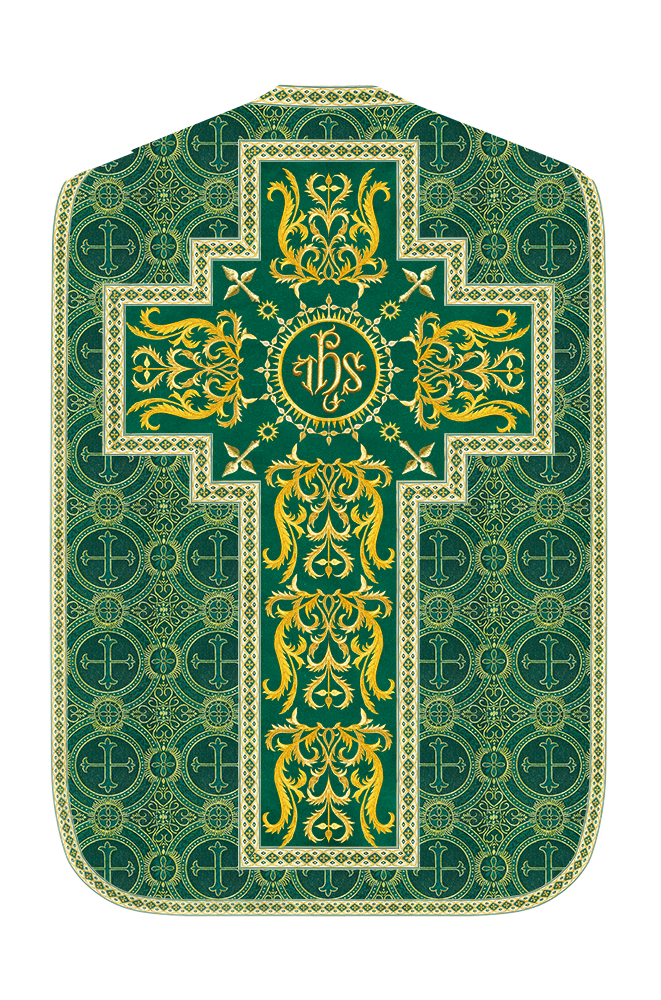 Liturgical Roman Chasuble Vestment With Spiritual Motifs and Trims