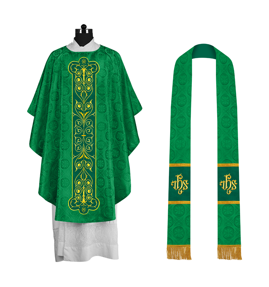 Liturgical Priest Chasuble with Vintage-Style Embroidered Orphrey