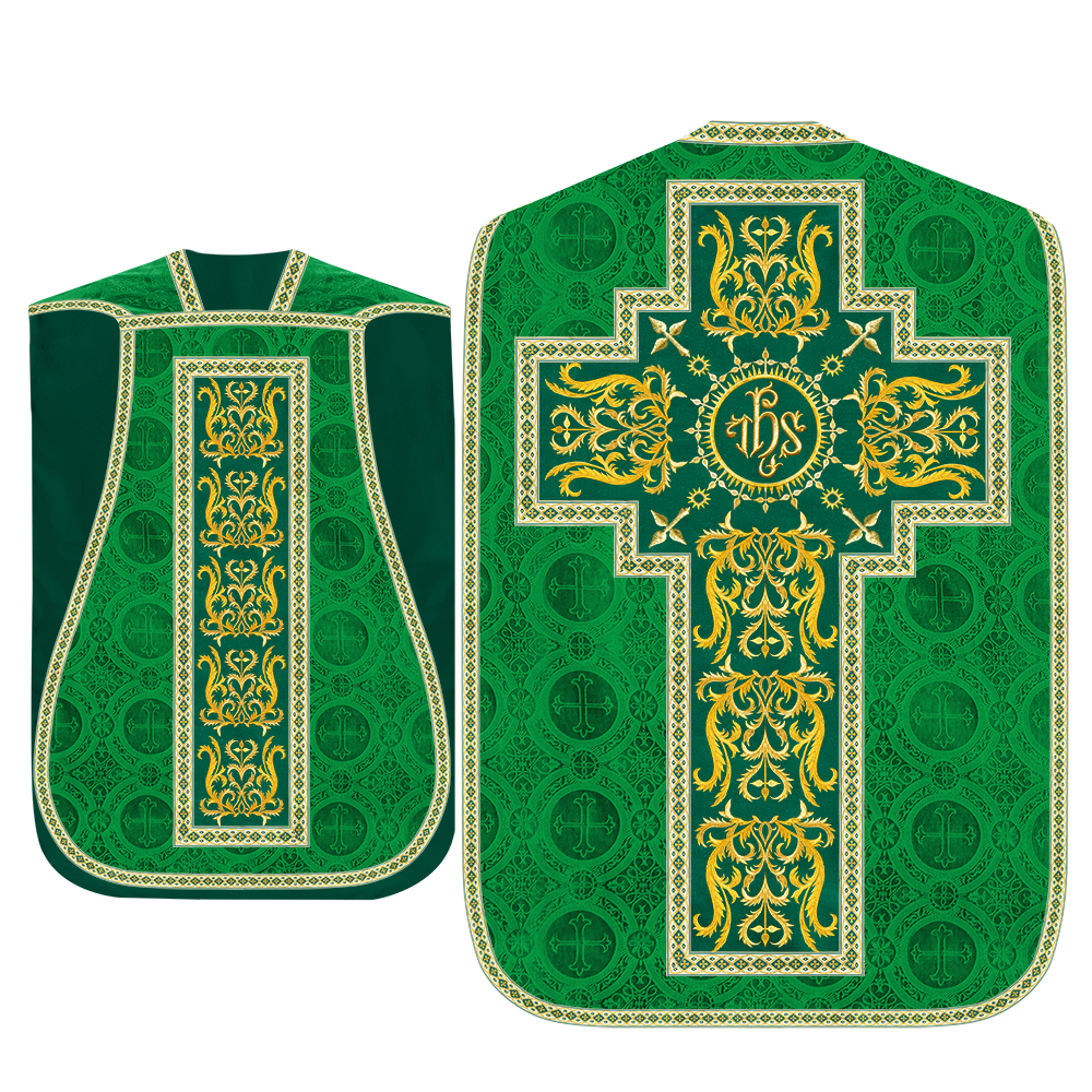 Liturgical Roman Chasuble Vestment With Spiritual Motifs and Trims