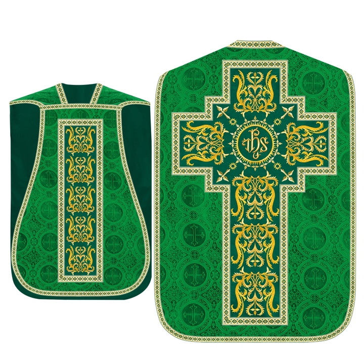 Liturgical Roman Chasuble Vestment With Spiritual Motifs and Trims