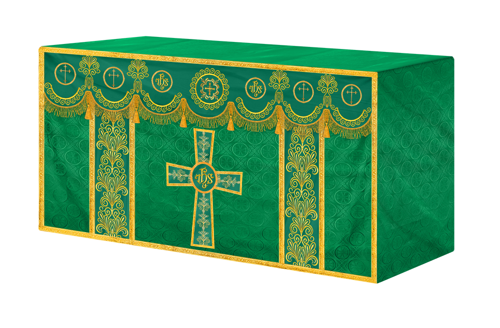 Traditional Altar Cloth Adorned with Embroidered Trims and Motif