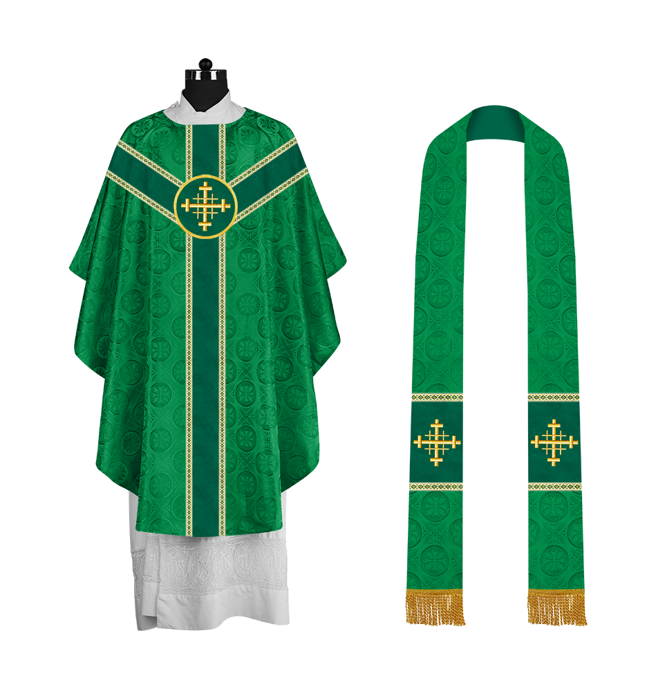 Liturgical Gothic Chasuble with Embroidered Motif and Plain Orphrey