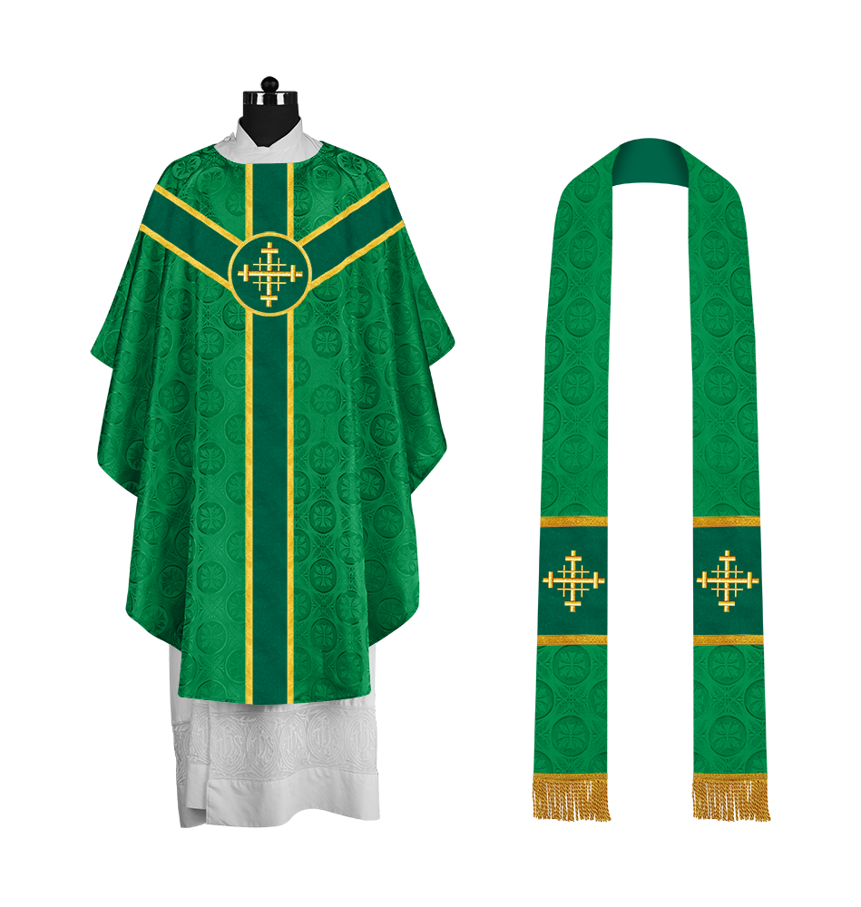 Liturgical Gothic Chasuble with Embroidered Motif and Plain Orphrey
