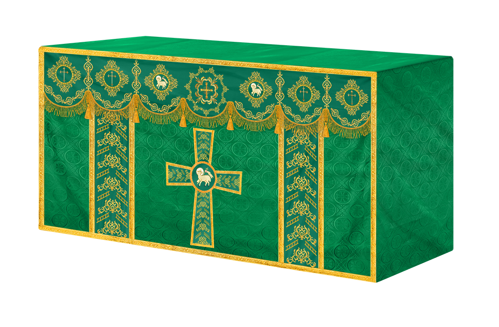 Embroidered Altar Cloth with Spiritual Motif and Braided Trims