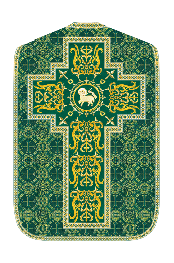 Liturgical Roman Chasuble Vestment With Spiritual Motifs and Trims