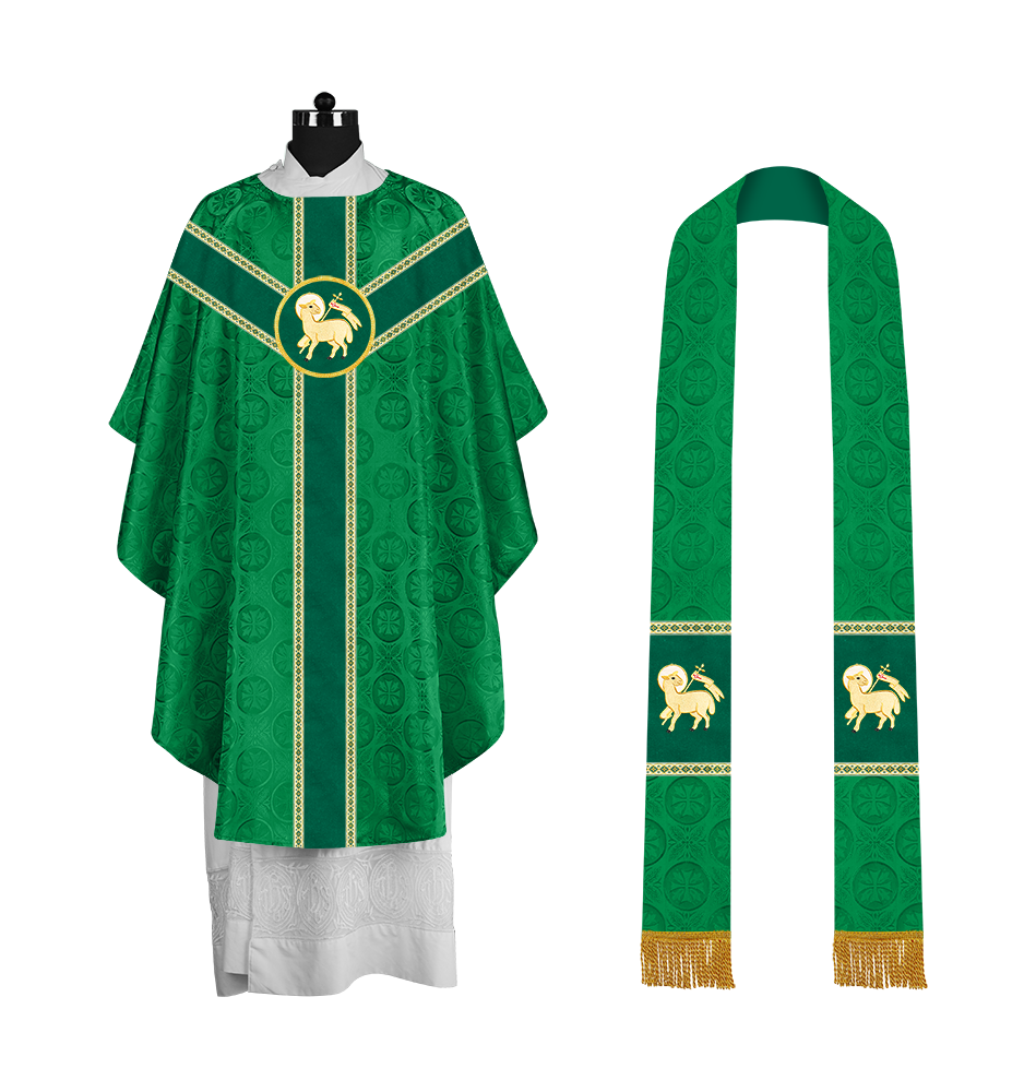 Liturgical Gothic Chasuble with Embroidered Motif and Plain Orphrey