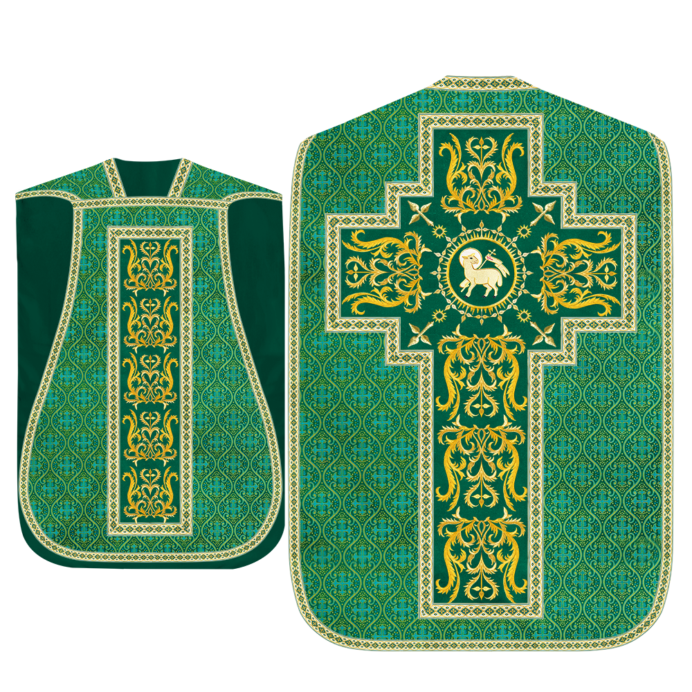 Liturgical Roman Chasuble Vestment With Spiritual Motifs and Trims