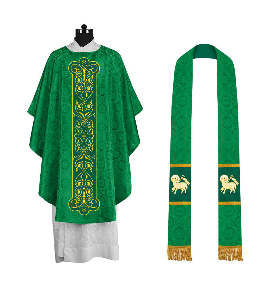 Liturgical Priest Chasuble with Vintage-Style Embroidered Orphrey