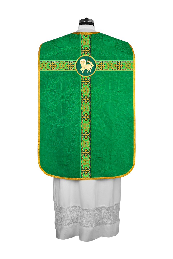 Vestidura romana con espalda de violín, motivos y ribetes trenzados 