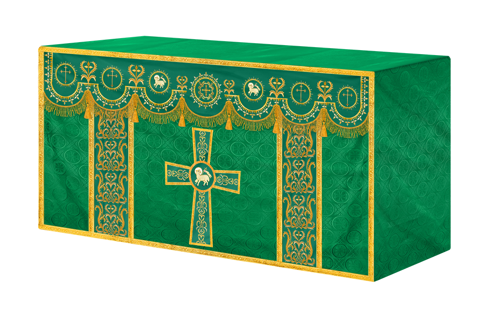 Traditional Altar Table Cloth with Ornate Motif and Embroidered Trims