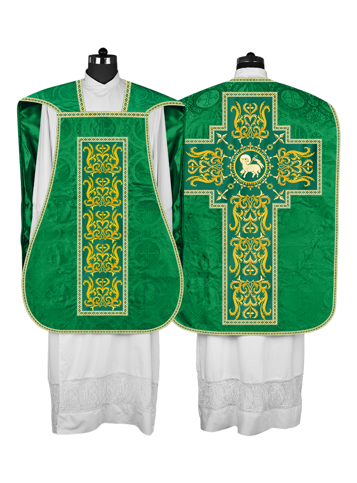 Liturgical Roman Chasuble Vestment With Spiritual Motifs and Trims