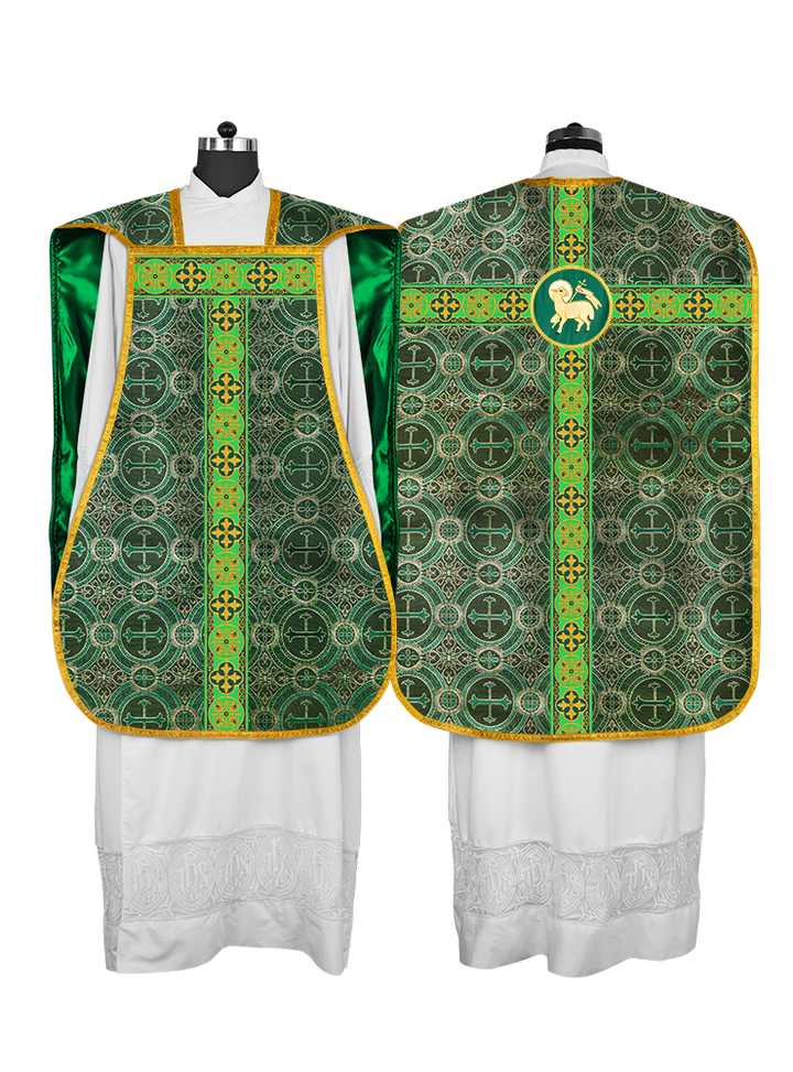 Vestidura romana con espalda de violín, motivos y ribetes trenzados 