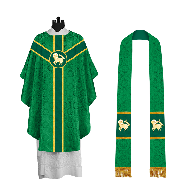Liturgical Gothic Chasuble with Embroidered Motif and Plain Orphrey
