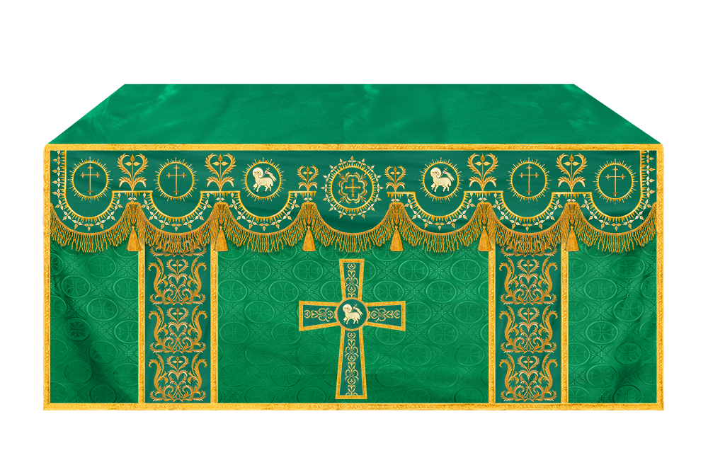Traditional Altar Table Cloth with Ornate Motif and Embroidered Trims
